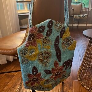 Chan Luu beaded and silk vintage handbag,  blue bronze with pink flowers, yellow